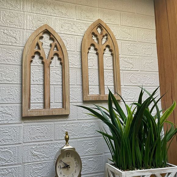 Whitewashed Wood Gothic Arch Window Frame Wall Decor 2 Piece Set - Picture 4 of 9